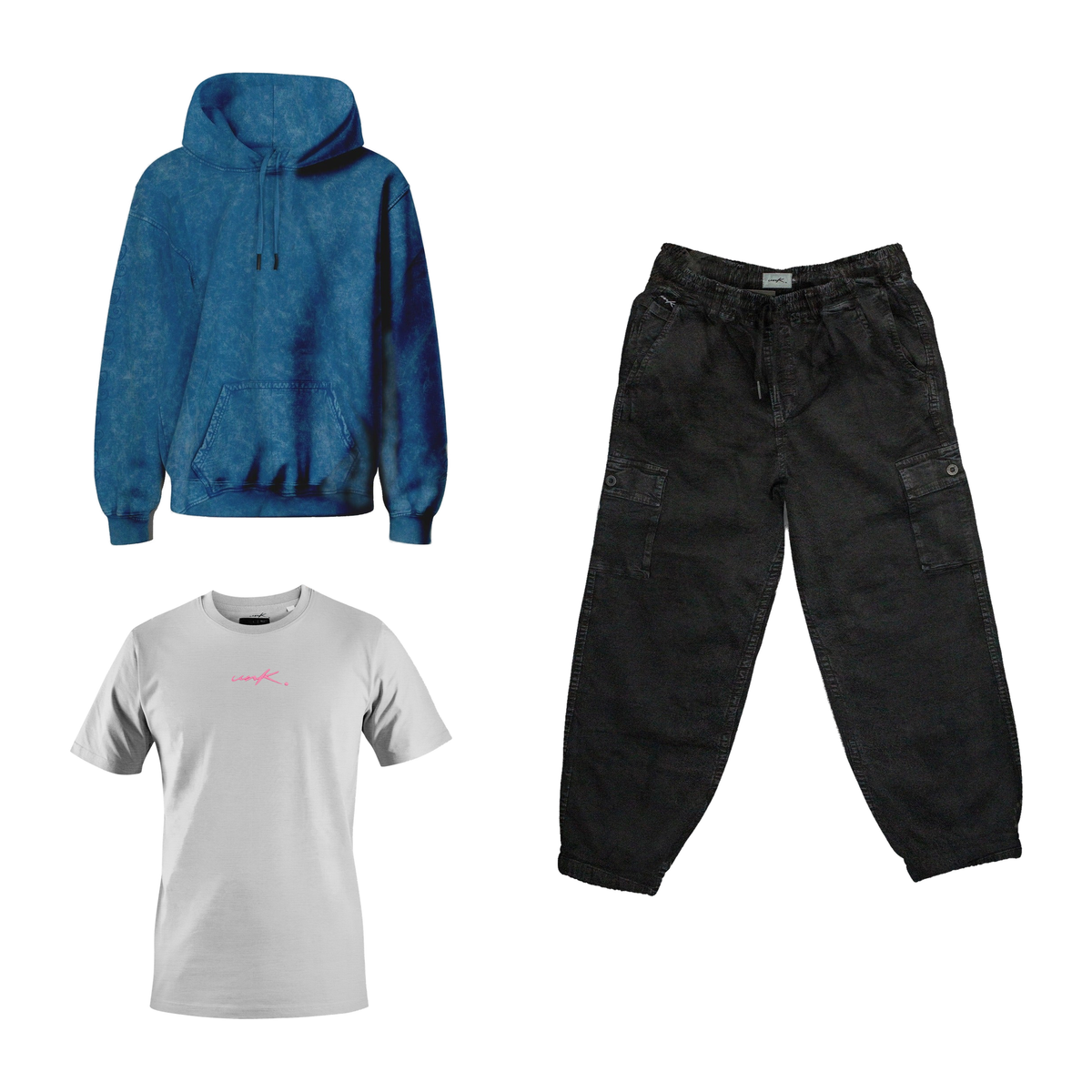 Pack Outfit Hoodie Acid Blue + Jogger Cargo Acid Black + Polera Infinity Shine White